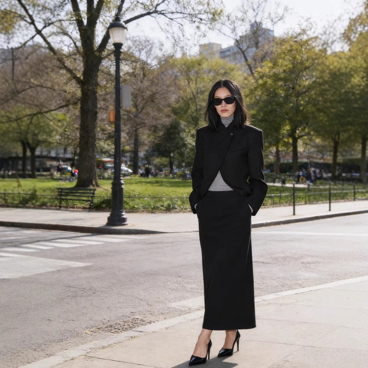 Damen Strukturierter Kurzblazer im Minimalstil mit Stehkragen und verdeckter Knopfleiste Drune