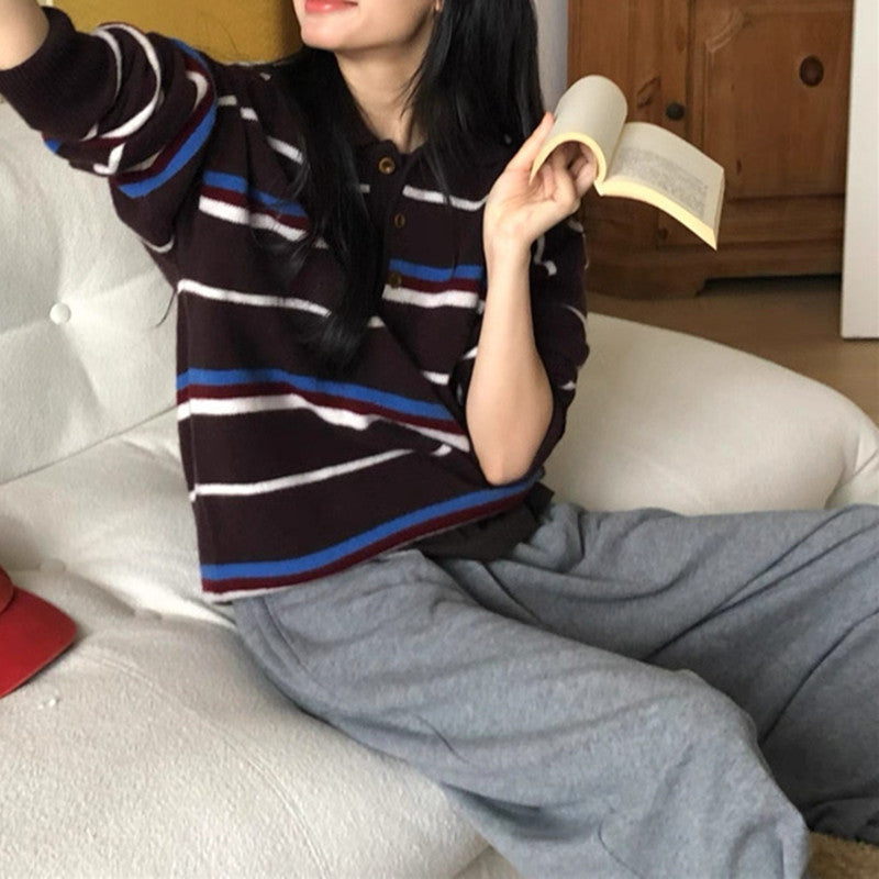 Damen Gemütlicher Strickpullover mit hochwertigen Knöpfen und modischem Streifenmuster Drune