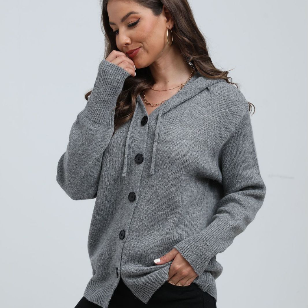 Damen Kuschelige Kapuzenjacke mit großen Knöpfen und lässigem Schnitt Drune
