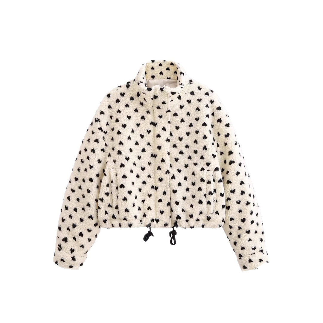 Damen Kurze Teddyjacke aus Sherpa‑Fleece mit Herzchenprint und Tunnelzug Drune