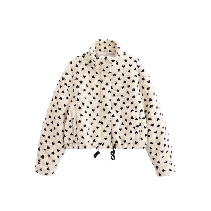 Damen Kurze Teddyjacke aus Sherpa‑Fleece mit Herzchenprint und Tunnelzug Drune