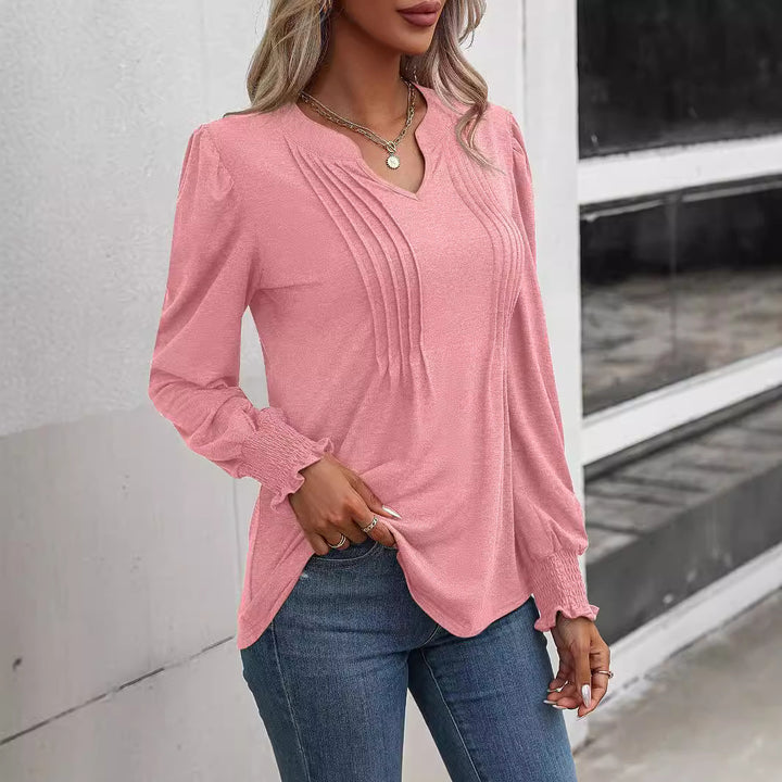Damen nan Langarmshirt mit V-Ausschnitt, dekorativen Kellerfalten vorn und elastischen Smokbündchen Drune