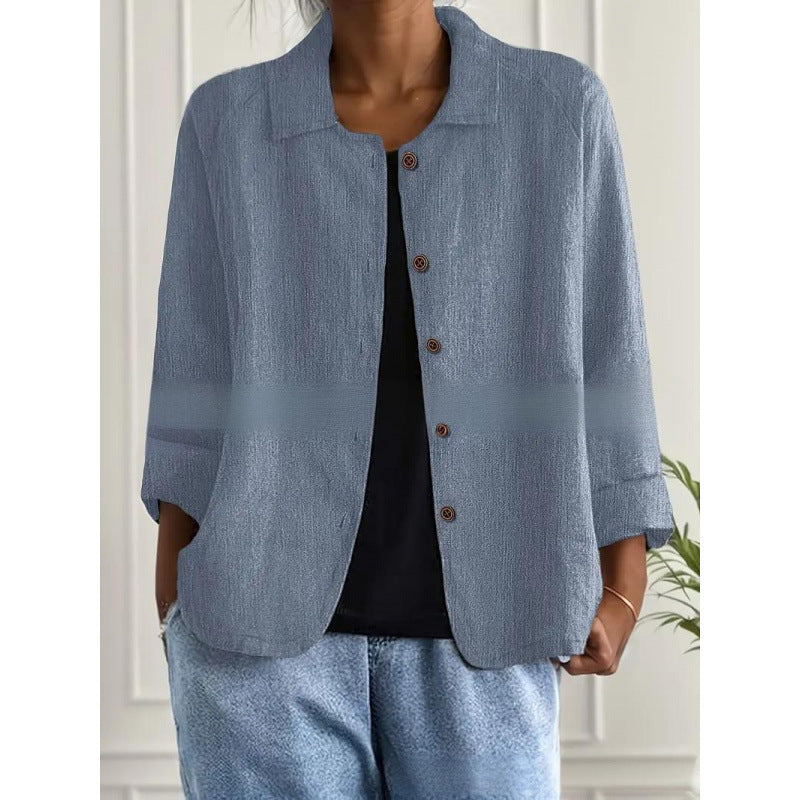 Damen Leichte Leinenoptik-Bluse mit lockerer Passform, 3/4-Ärmeln und Knopfleiste Drune