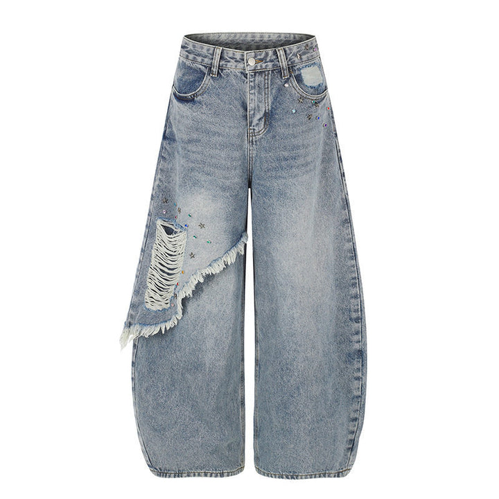 Damen High‑Waist weite Palazzo-Jeans mit asymmetrischem Fransen-Detail und Strassapplikation Drune