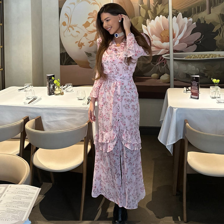 Damen Rüschenkleid mit floralem Design und elegantem V-Ausschnitt Drune