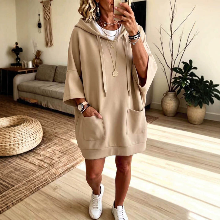 Damen Oversize Hoodie-Kleid mit Kängurutaschen und halblangen Ärmeln Drune