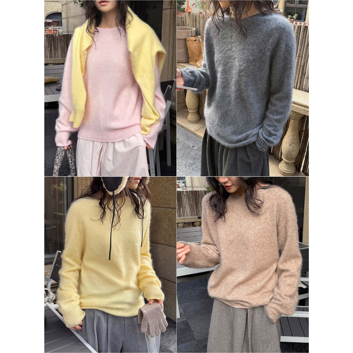 Damen Weicher Fluffy-Strickpullover mit feinem Rundhalsausschnitt und geripptem Saum Drune