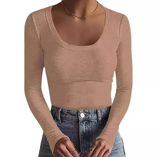 Damen Schmal geschnittenes Langarm-Feinstricktop mit weitem U-Ausschnitt Drune