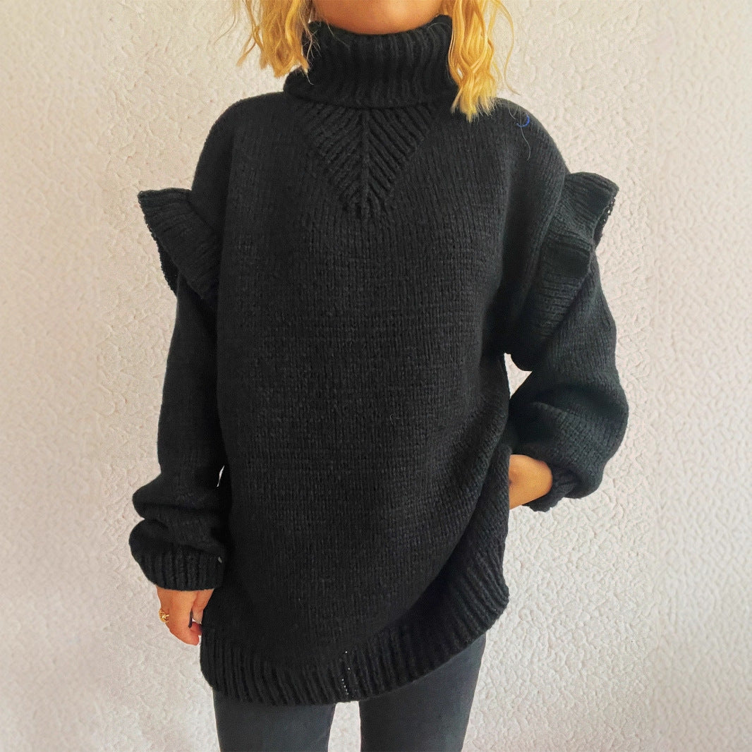 Damen Strickpullover mit Rüschen-Details und hohem Kragen Drune