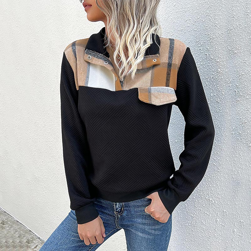 Damen Stepp-Sweatshirt mit Karodetail, Knopfblende und geripptem Bund Drune