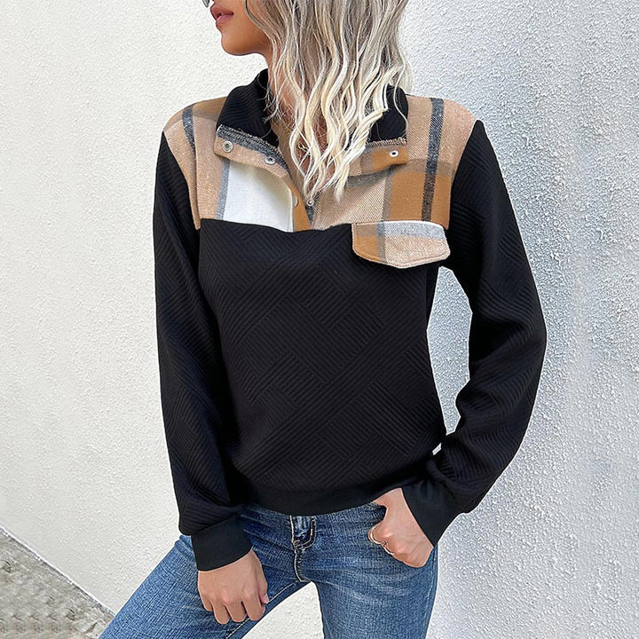 Damen Stepp-Sweatshirt mit Karodetail, Knopfblende und geripptem Bund Drune