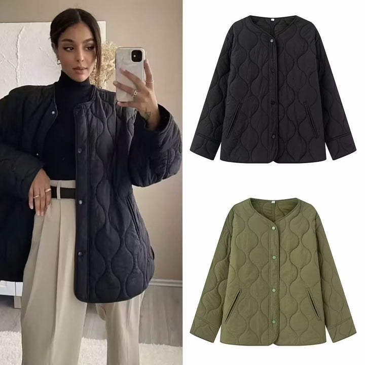 Damen Leicht gesteppte Oversize-Jacke mit Rundhals, Druckknopfleiste und Eingrifftaschen Drune