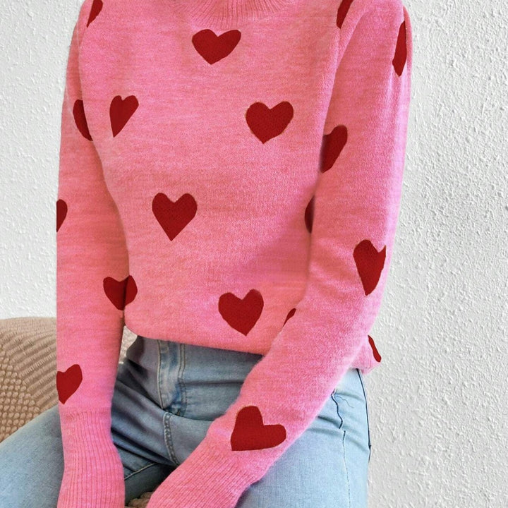 Damen nan kaschmirähnlicher Feinstrickpullover mit Allover-Herzmotiv, Rundhalsausschnitt und verlängerten Bündchen Drune