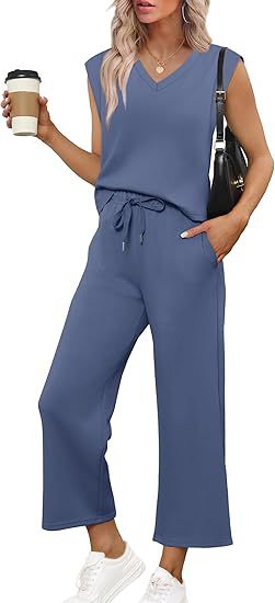 Damen Lässiges Zweiteiliges Lounge-Set mit Ärmellosem V-Neck-Top und Weiten Kordelbund-Hosen Drune