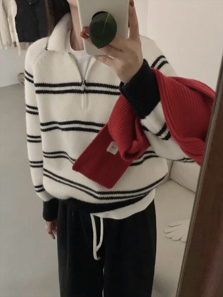 Damen Gemusterter Pullover mit Stehkragen und Kontrastdetails Drune