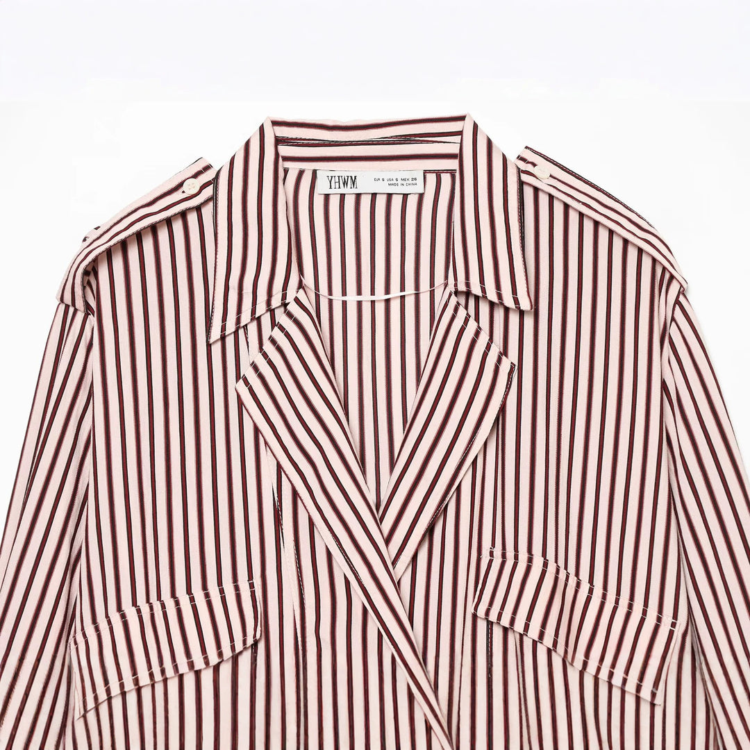 Damen Gestreifte Oversized Hemdjacke mit Tunnelzugsaum und Pattentaschen Drune
