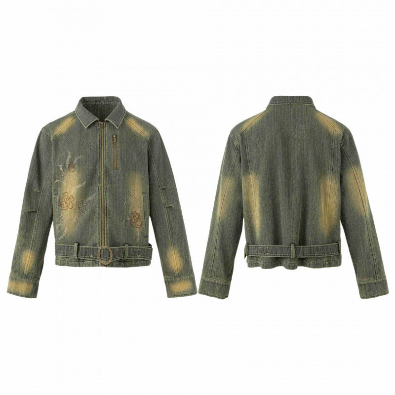 Unisex Kurz geschnittene Denimjacke mit Stickerei, Taillengürtel und Frontreißverschluss Drune