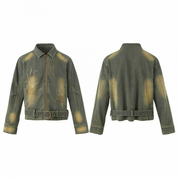 Unisex Kurz geschnittene Denimjacke mit Stickerei, Taillengürtel und Frontreißverschluss Drune