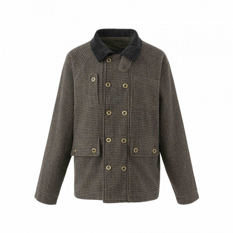 Herren Doppelreihige Wollmix-Fieldjacke im Hahnentritt mit Cordkragen und Pattentaschen Drune
