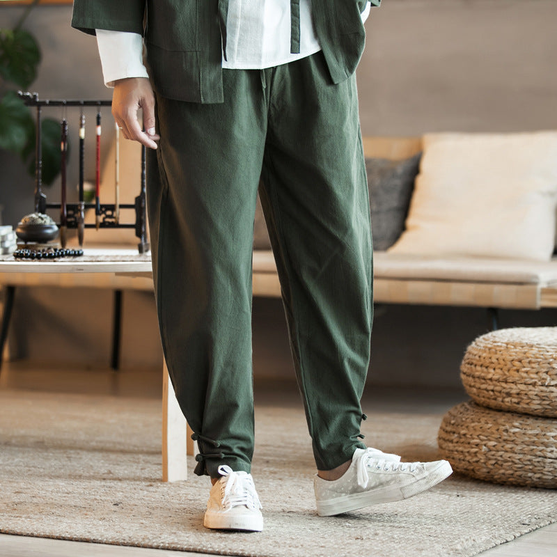 Herren Lässige Leinenmix-Hose mit Tunnelzugbund, verengtem Fußabschluss und Knoten-Detail Drune