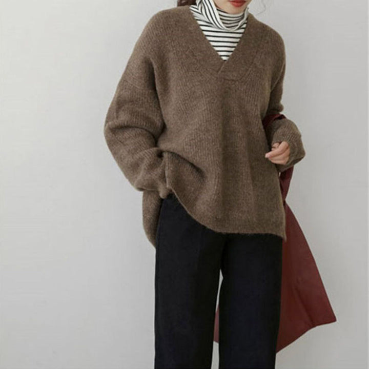 Damen kuscheliger V-Ausschnitt Pullover im oversize Schnitt Drune