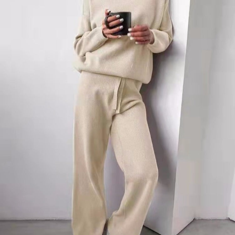 Damen kuscheliges Strick-Loungewear-Set mit weiten Hosen und elegantem Rundhalsausschnitt Drune
