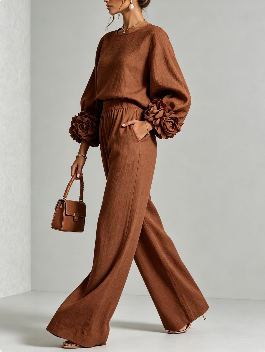 Damen Zweiteiliges Ensemble mit Ballonärmeln und Blumenmanschetten Drune