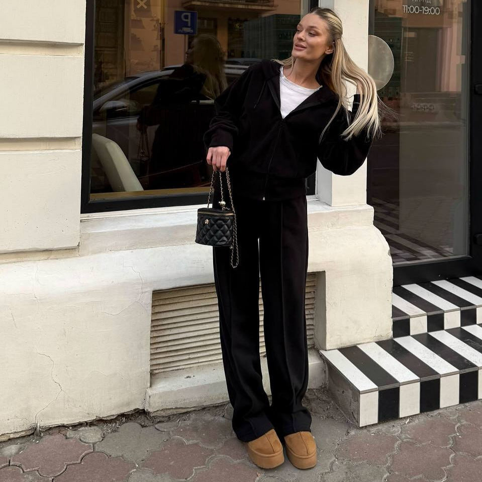Damen Fleece-Lounge-Set mit kurzem Reißverschluss-Hoodie und taillenhoher Kordel-Jogginghose Drune