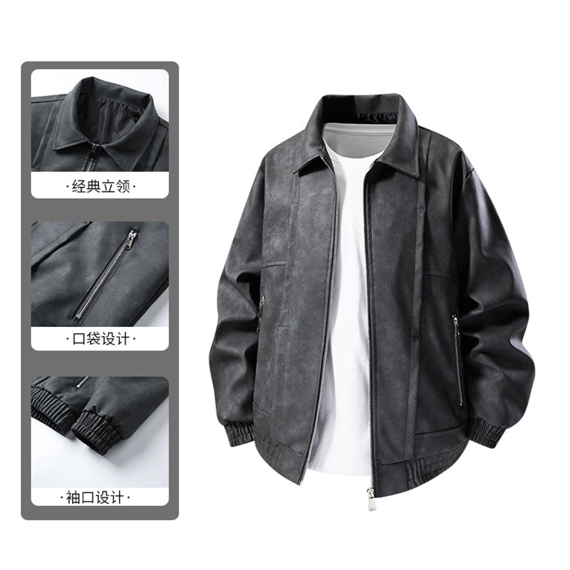 Herren Lässige Kunstlederjacke mit elastischen Bündchen Drune