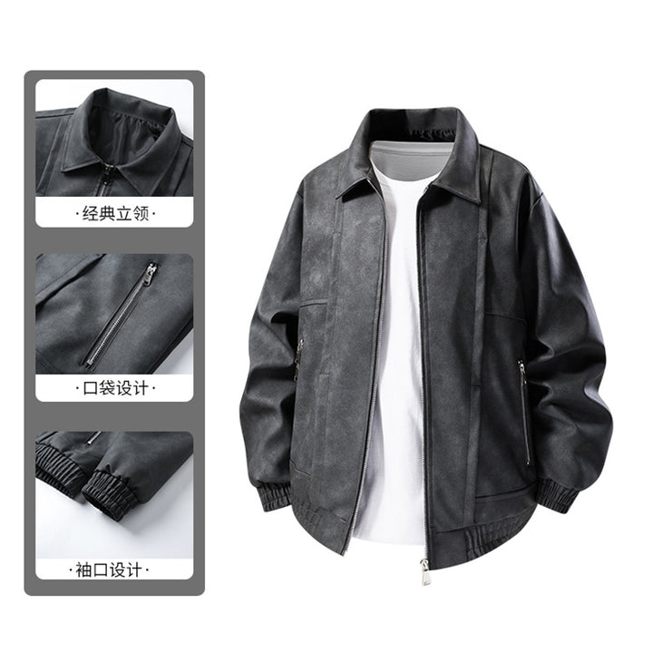 Herren Lässige Kunstlederjacke mit elastischen Bündchen Drune