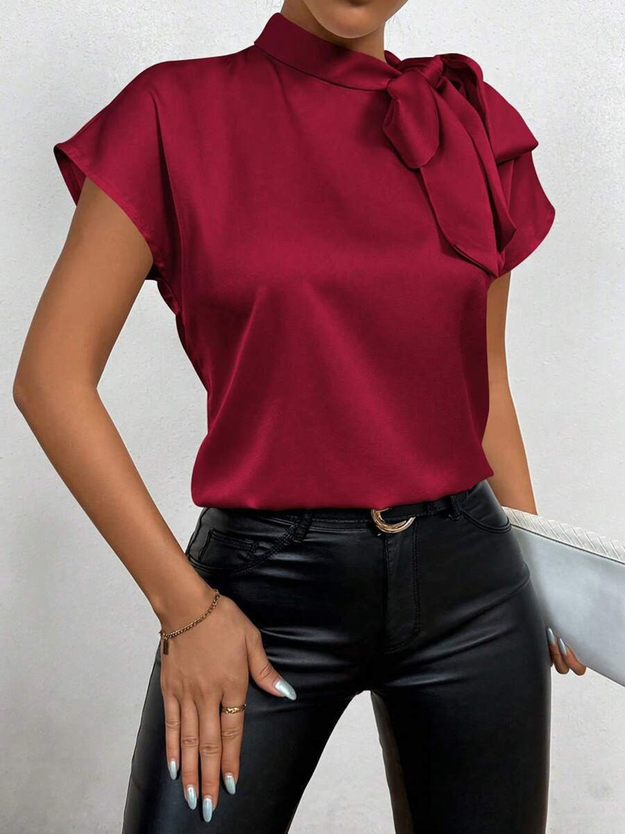 DruneSatinbluse Kurzarm Hoher Kragen mit Schleife Eleganter Entspannter Schnitt
