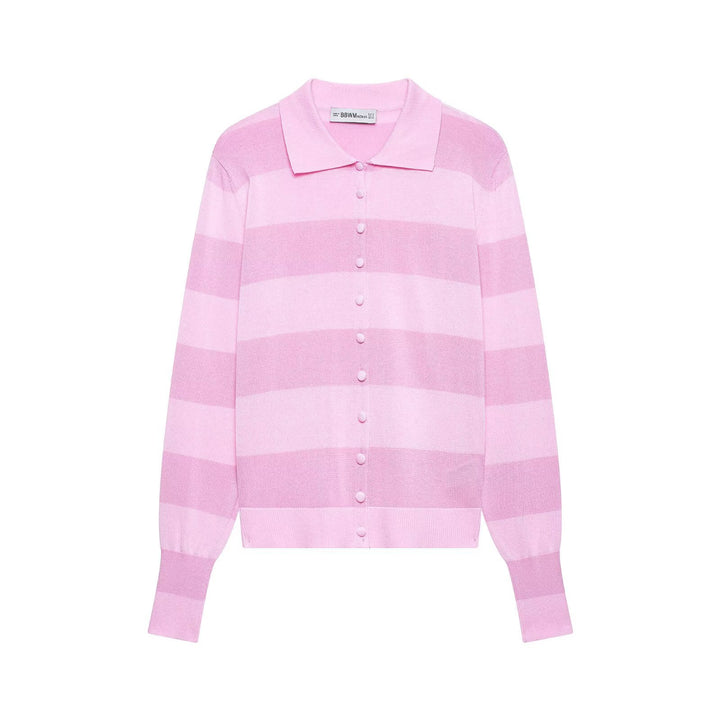 Damen Gestreifte Feinstrick-Cardigan mit Polokragen und bezogenen Knöpfen Drune