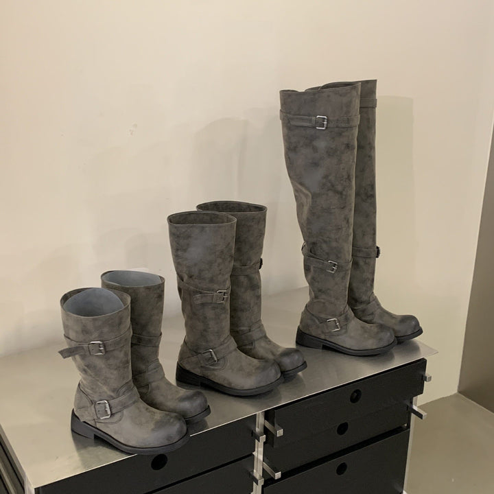 Damen Stiefel mit dekorativen Schnallen Drune