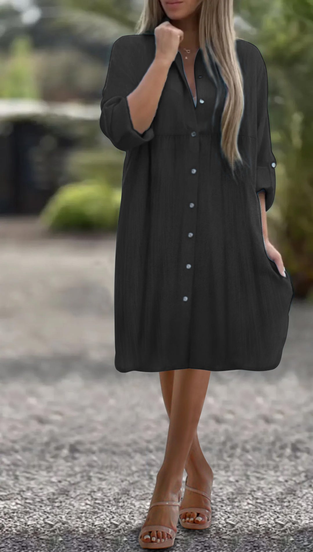 Damen Lockeres Hemdkleid mit Knopfleiste, 3/4-Ärmeln und Seitentaschen Drune