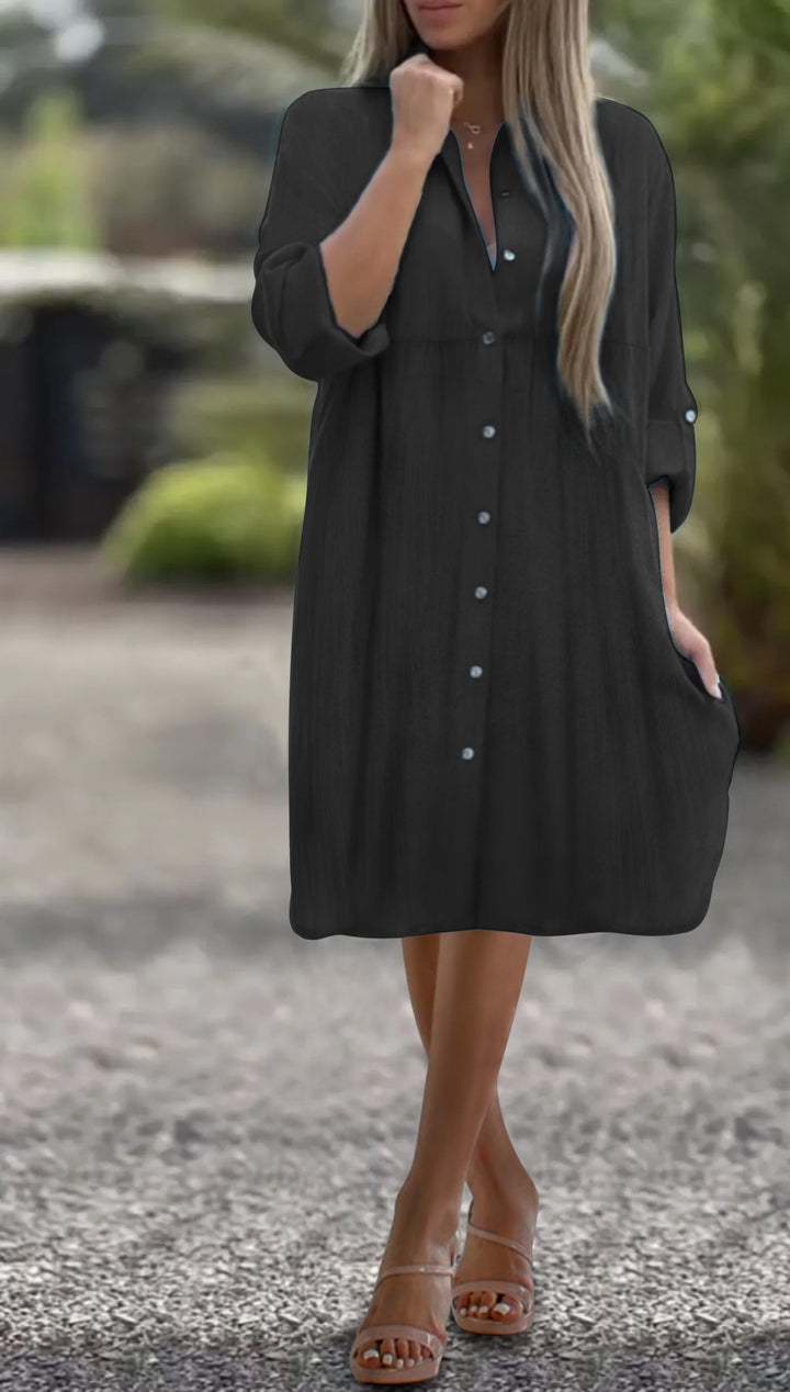 Damen Lockeres Hemdkleid mit Knopfleiste, 3/4-Ärmeln und Seitentaschen Drune