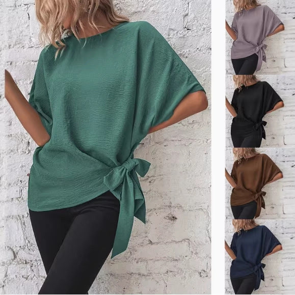 Damen Oversize Kurzarm-Top mit seitlicher Schleife und Crinkle-Struktur Drune