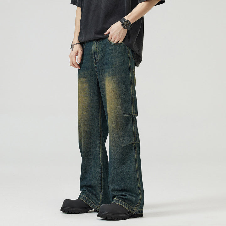 Herren Paneel-Denim Baggyhose mit tiefem Schritt und Used-Fade Drune