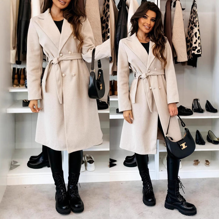 Damen Eleganter Trenchcoat mit taillierbarem Gürtel und Doppelreiher Drune
