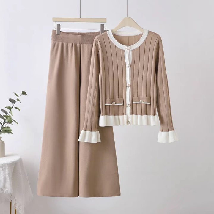 Damen elegantes Strick-Loungewear-Set mit aufgesetzten Taschen und Rüschen Drune