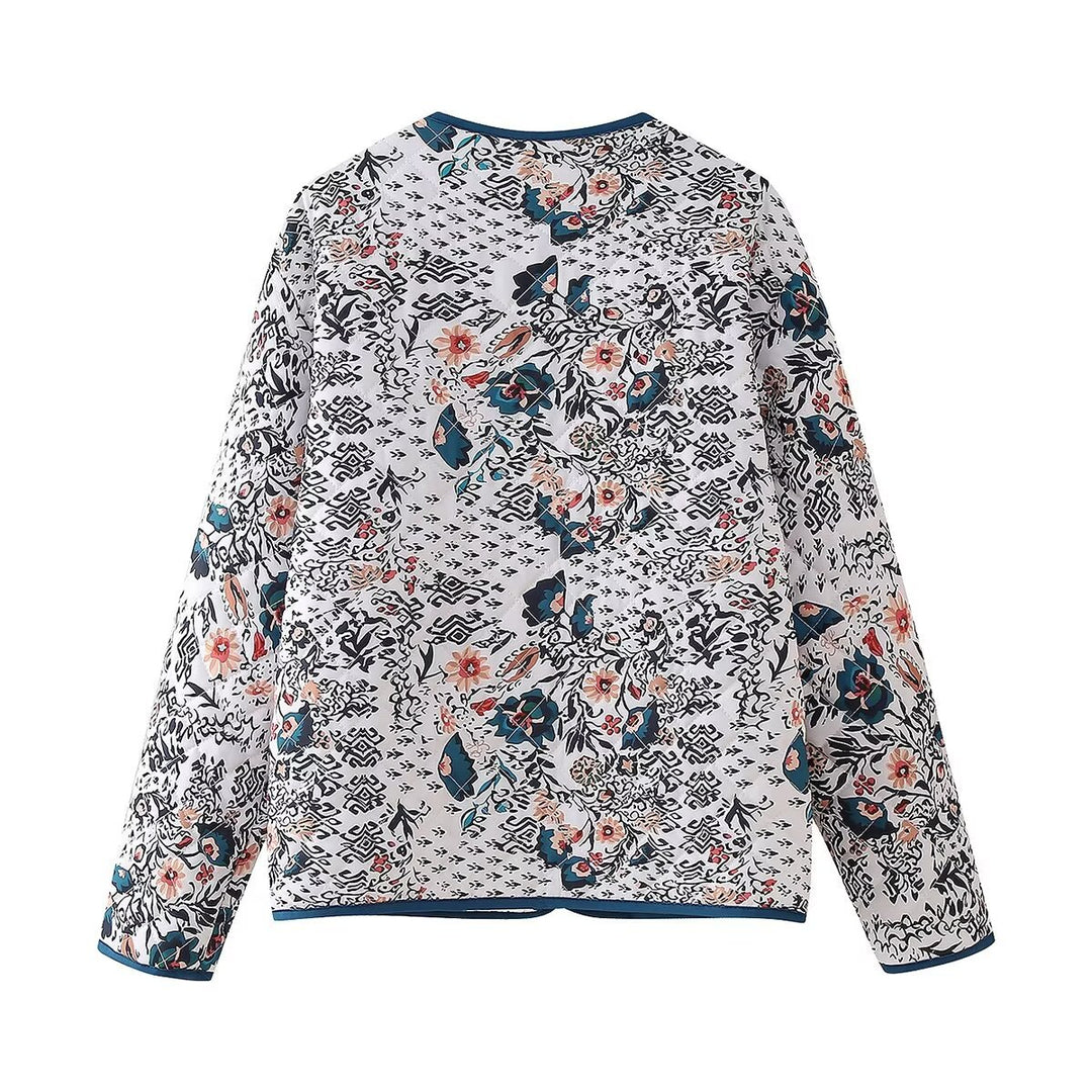 Damen nan gesteppte Blusenjacke mit floral-ethnischem Print, leichter Wattierung und kontrastierender Paspel Drune