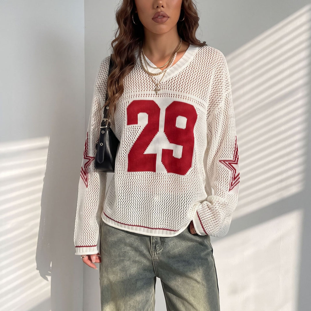 Damen Oversize Netz-Strick Cropped Pullover mit V-Ausschnitt Drune