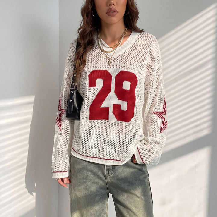 Damen Oversize Netz-Strick Cropped Pullover mit V-Ausschnitt Drune