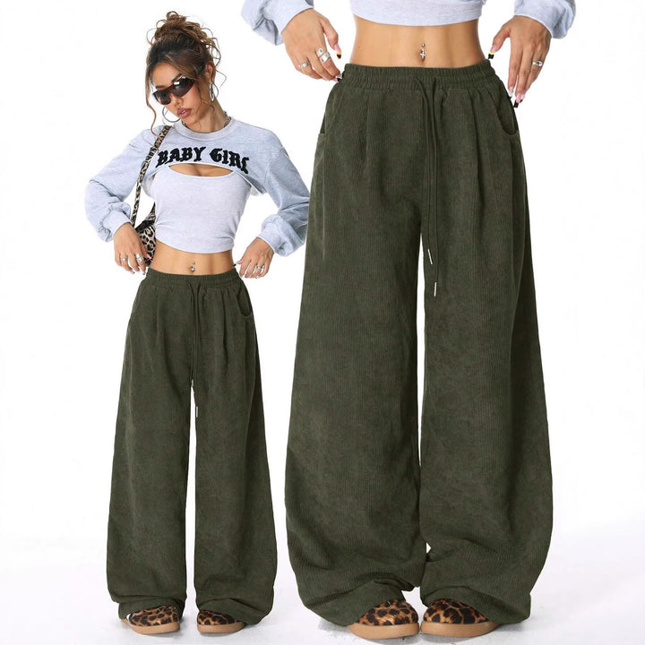 Damen Weite Cordhose aus Feincord mit hohem Elastikbund Drune