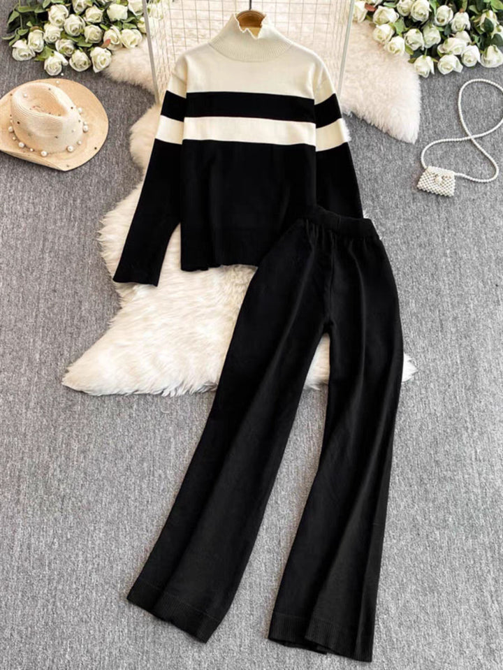 Damen modisches Strick-Loungewear-Set mit hohem Kragen und breiten Streifen Drune