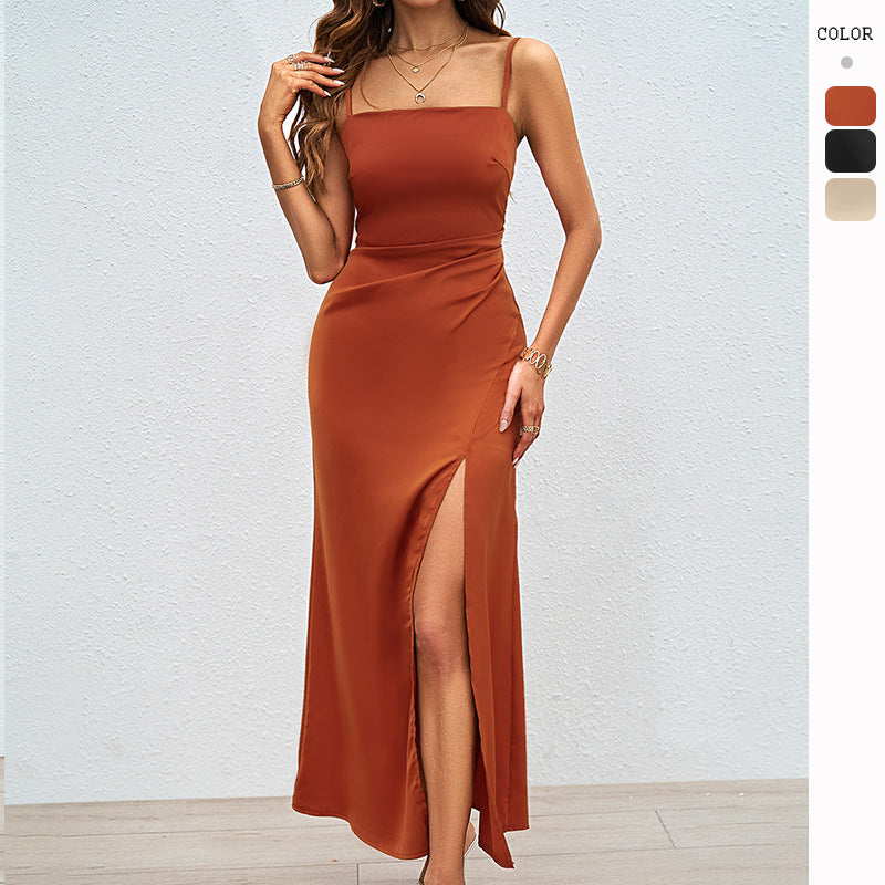 Damen Elegantes Satin Maxikleid mit hohem Beinschlitz und Spaghettiträgern Drune