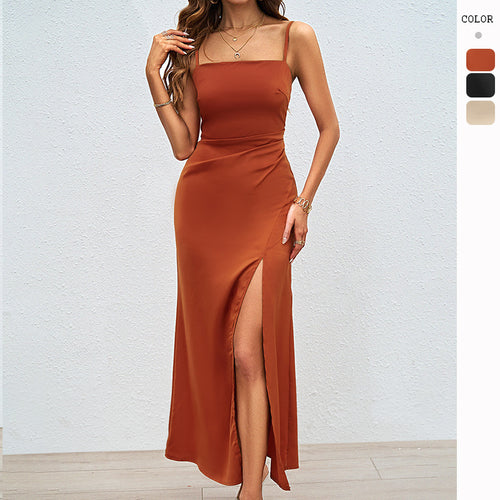 Damen Elegantes Satin Maxikleid mit hohem Beinschlitz und Spaghettiträgern Drune