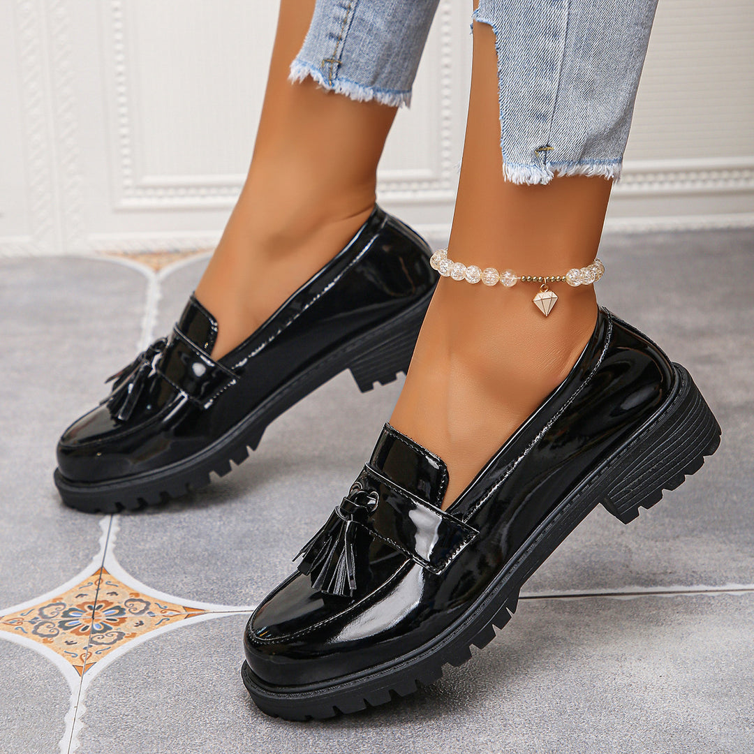Damen nan elegante Lack-Tassel-Loafer mit profilierter Traktorsohle und gepolstertem Komfortfußbett Drune