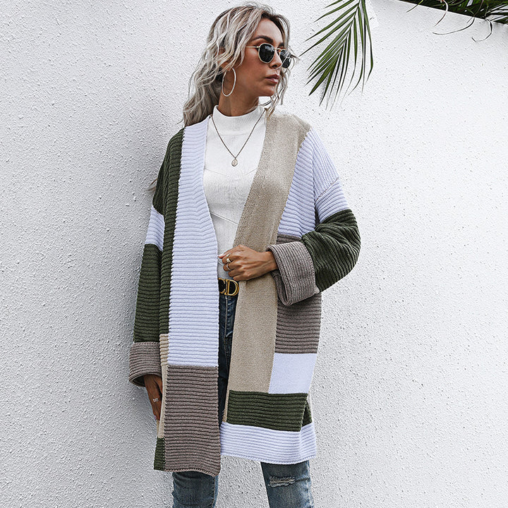 Damen Oversize Strickcardigan mit Colorblock‑Patchwork und offener Front Drune