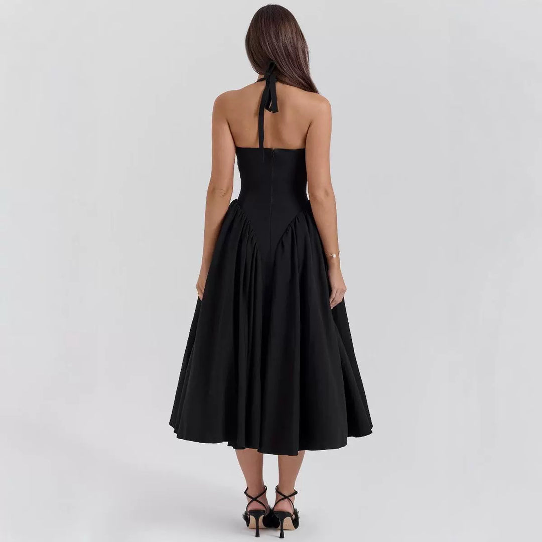 Damen A-linien Midi-Kleid mit tiefem V-Ausschnitt und verspieltem Rückenausschnitt Drune