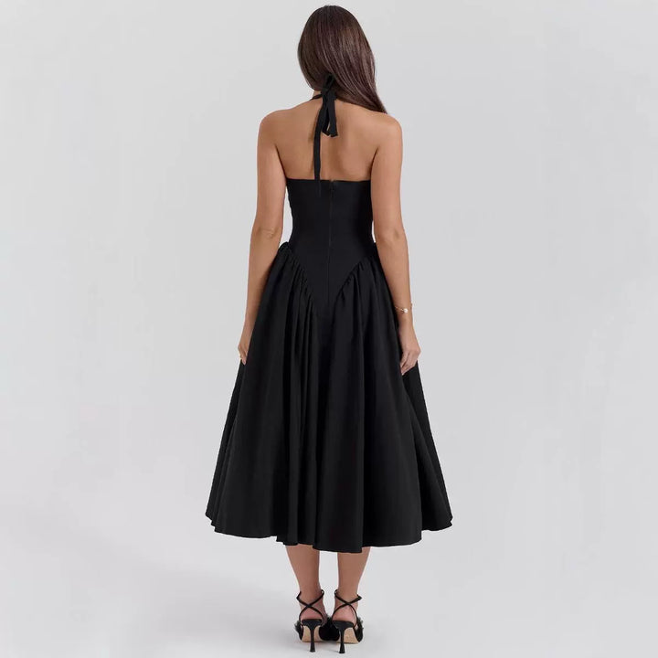 Damen A-linien Midi-Kleid mit tiefem V-Ausschnitt und verspieltem Rückenausschnitt Drune